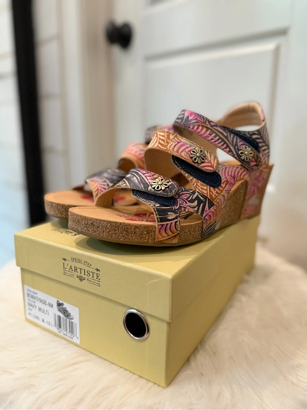 Spring Step L'Artiste Floral Multi Wedge Sandals - Pink and Orange